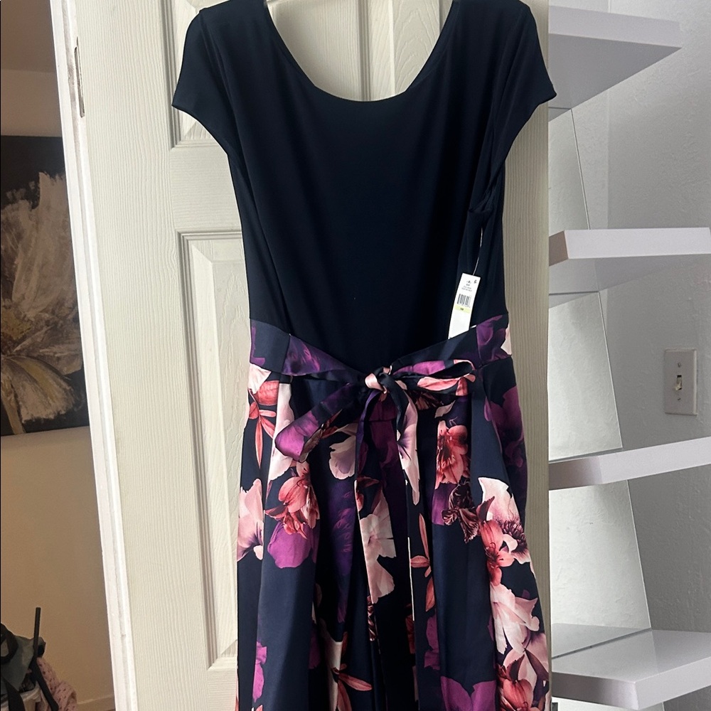 SLNY Navy and Pink Floral Midi Dress